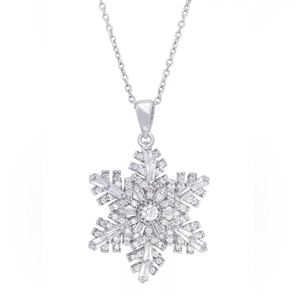 Silver Plated Cubic Zirconia Snowflake Spinner Pendant Necklace